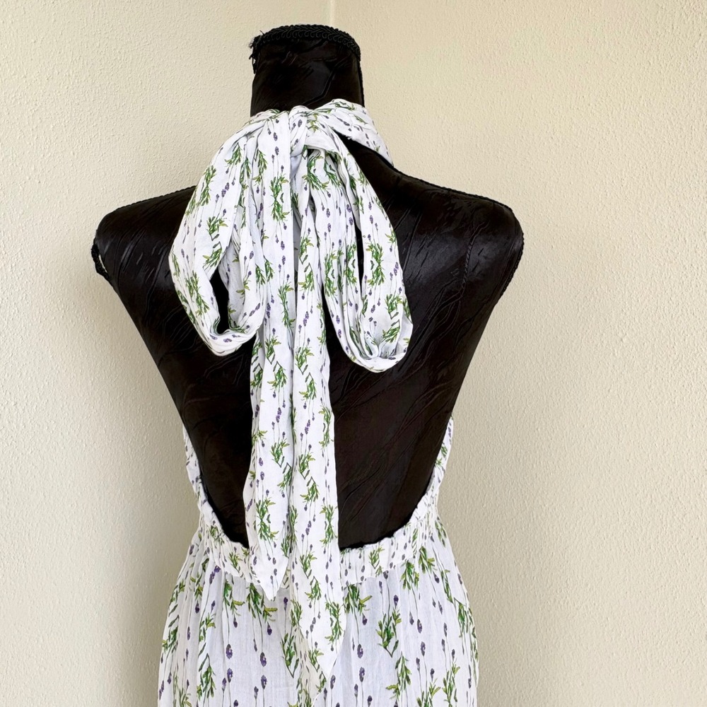Playa Lucila Halter Maxi Dress Floral Cutout Pockets, Women OS White Green